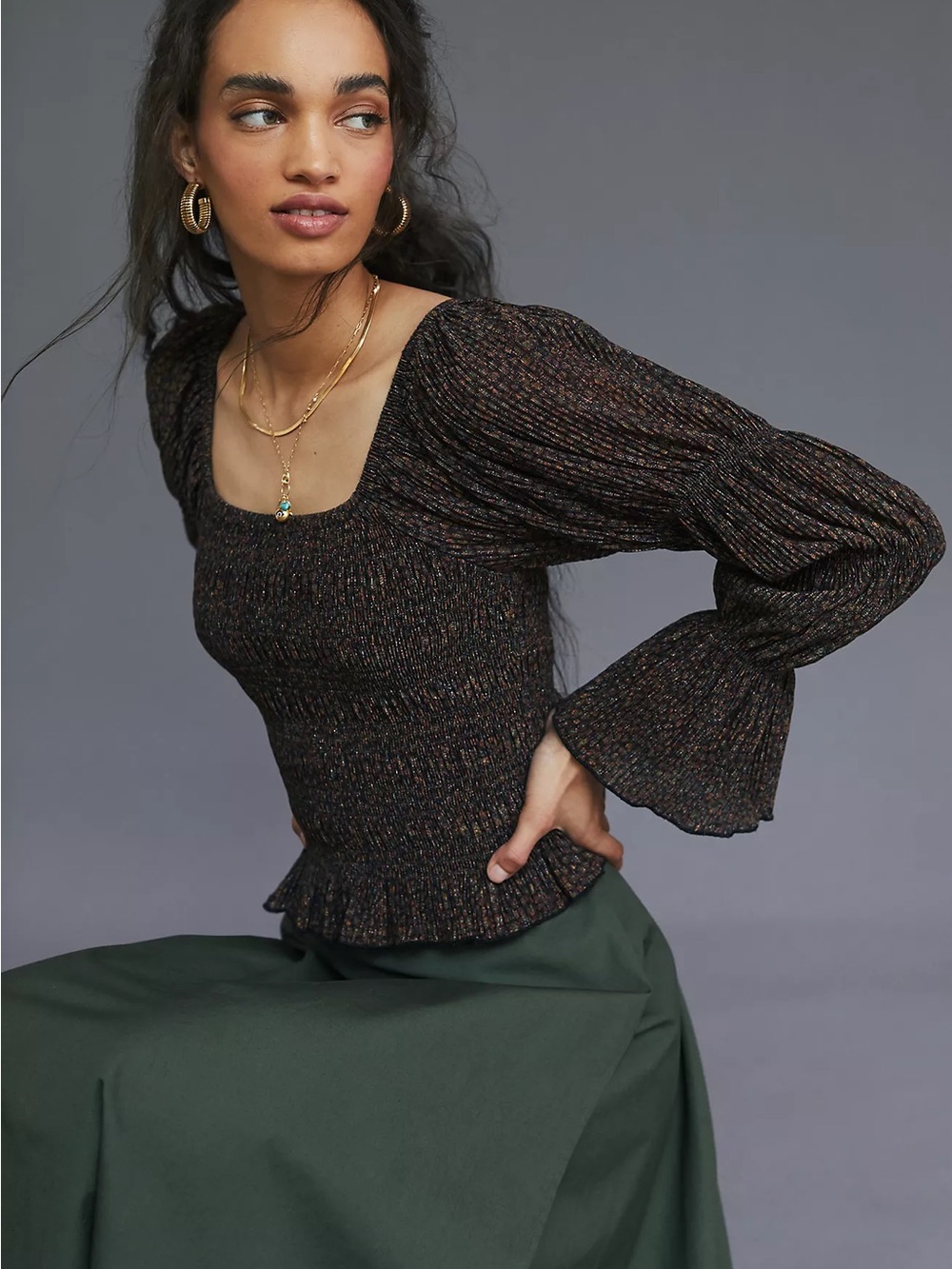 Anthropologie Shimmer Puff-Sleeved Top